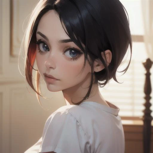 1girl, solo, (n4t1mb),looking at viewer, facial focus,portrait,tomboy hair, tshirt, female focus, blurred background, luxury interior