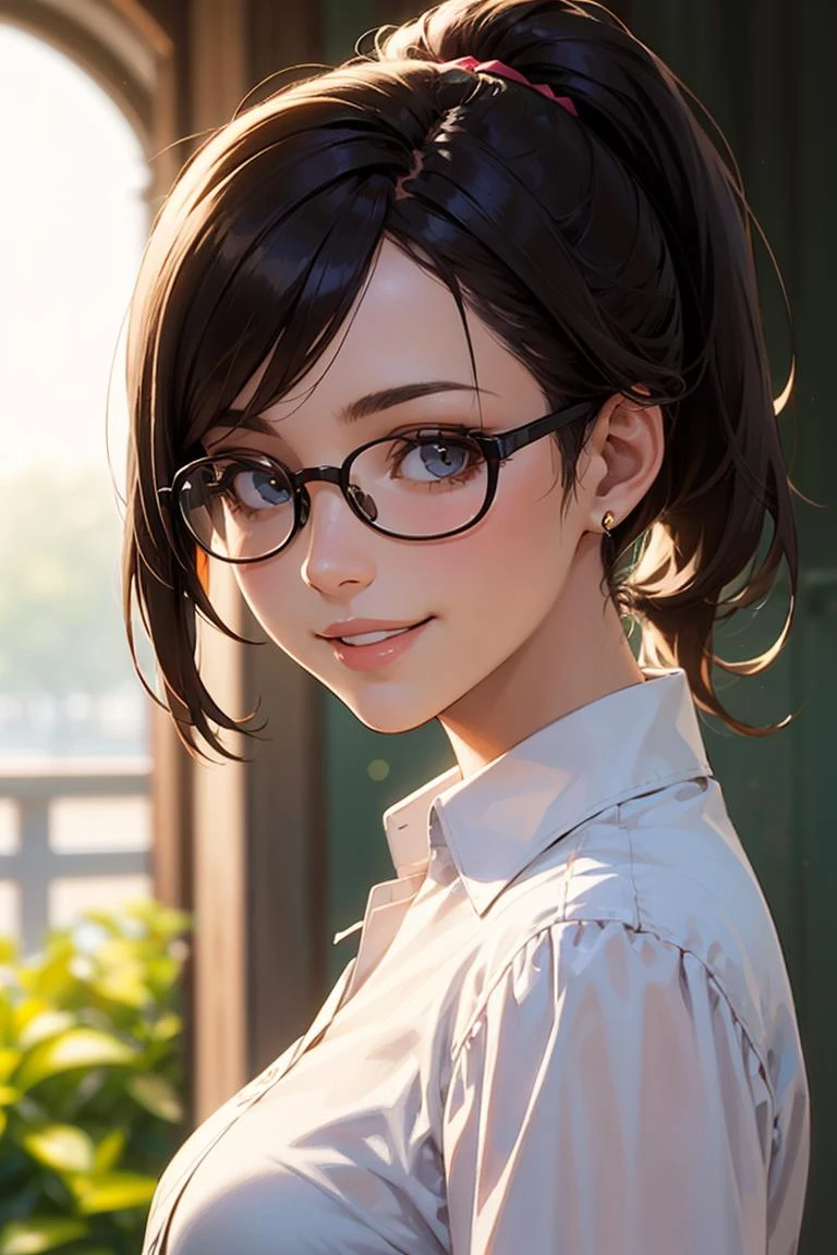 portrait, smiling at viewer, modelshoot style, solo female focus,
youthful 1girl, medium brunette hair, ponytail, glasses, thin dress shirt, see-through, pencil skirt, glasses, parted lips,
sunny, backlit,
ultra-realistic, volumetric lighting, blurred background, depth of field
