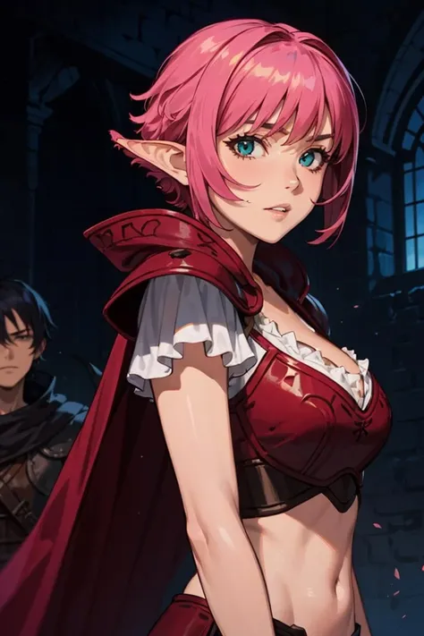 looking at viewer, facial focus, parted lips, portrait,
cala_viper, 1girl, blunt ends, short pink hair, medium breasts, armor, cloak, cleavage, midriff, 
grimy dark dungeon, blurred background, depth of field
 <lora:character_cala_viper rsr:0.75>