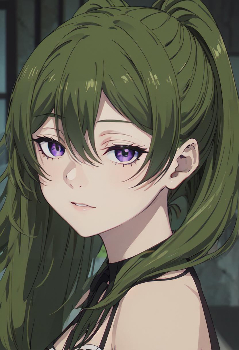A close up of a person with long green hair and a black top - SeaArt AI
