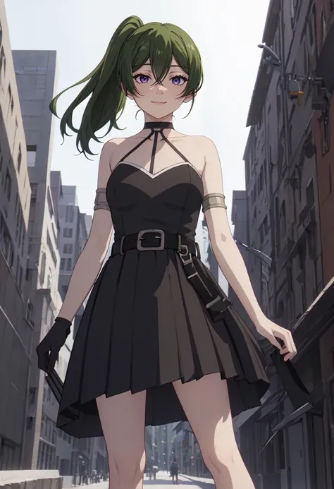 best quality, masterpiece, highres, solo, (ubel_sousounofrieren:1.10), 1girl, black dress, closed mouth, bare shoulders, black belt, arm strap, choker, black gloves, looking at viewer, sleeveless, smile, armlet, pleated dress, standing, thigh strap, anime_style, 2 <lora:ubel_sousounofrieren:0.80>