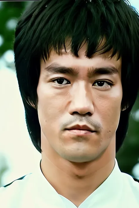 a man with a black hair and a white shirt is staring at the camera with a serious look on his face