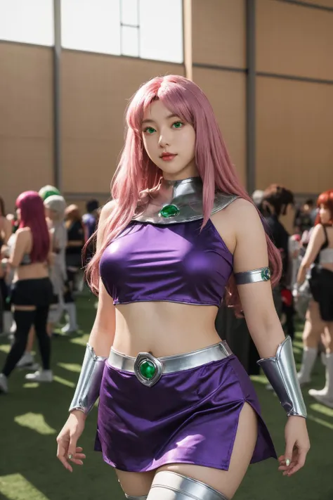 <lora:Starfire Costume_v1:0.8>, starfire costume, best quality, masterpiece, illustration, realistic, photo-realistic, amazing, finely detail, incredibly absurdres, huge filesize, ultra-detailed, highres, extremely detailed CG unity 8k wallpaper, nsfw, A beautiful young Korean woman with long pink hair and green eyes floating in the wind, wearing Starfire's costume from DC comics. She has a silver metallic neck guard with a green gemstone on the front and a silver metallic belt around her waist. She also wears silver arm bracers. Her costume is purple with a satiny shine. She is posing happily at an indoor anime convention with lots of vendor booths in the background. The image is a waist-up photo as if taking a cosplay portrait. She has a larger bust and her top costume hugs her curves to accentuate her chest. She wears a short mini skirt that shows her midriff and belly button.