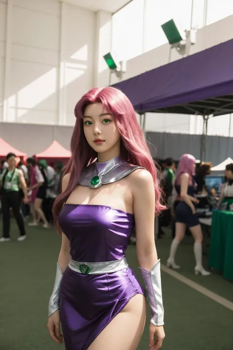 <lora:Starfire Costume_v1:0.8>, starfire costume, best quality, masterpiece, illustration, realistic, photo-realistic, amazing, finely detail, incredibly absurdres, huge filesize, ultra-detailed, highres, extremely detailed CG unity 8k wallpaper, nsfw, A beautiful young Korean woman with long pink hair and green eyes floating in the wind, wearing Starfire's costume from DC comics. She is posing happily at an indoor anime convention with lots of vendor booths in the background. The image is a waist-up photo as if taking a cosplay portrait. She has a larger bust and her costume shows some cleavage.