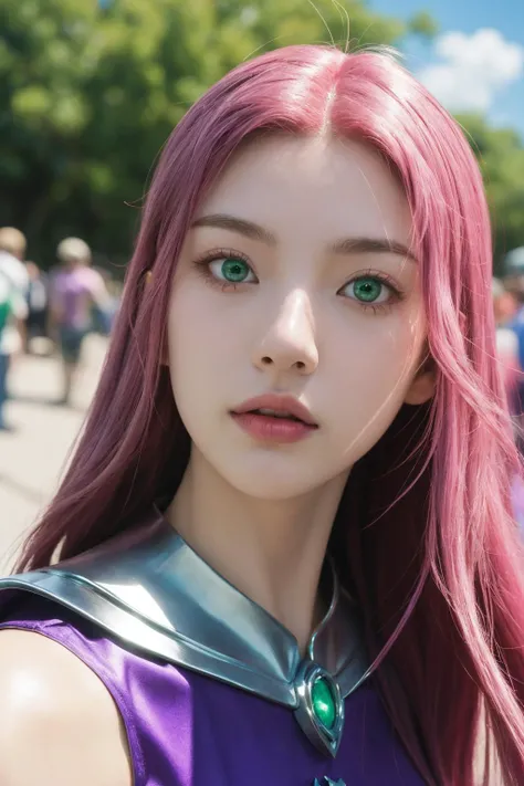 <lora:Starfire Costume_v1:0.8>, starfire costume, best quality, masterpiece, illustration, realistic, photo-realistic, amazing, finely detail, incredibly absurdres, huge filesize, ultra-detailed, highres, extremely detailed CG unity 8k wallpaper, nsfw, A beautiful young Korean woman with long pink hair and green eyes floating in the wind, wearing Starfire's costume from DC comics. She is posing happily at an anime convention with lots of people in the background. The image is a close-up photo as if taking a cosplay portrait.