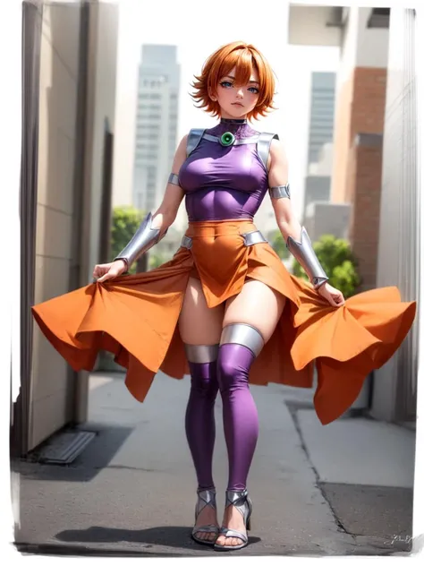 best quality, masterpiece, 1girl intricate detail, (full body), detailed face, smug, looking at viewer, detailed hairstyle, choker, <lora:igawasakura-taimanin-richy-v1:1> igawasakura, orange hair, <lora:Starfire Costume_v1:1> starfire costume <lora:add_detail:1>