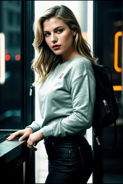 photo of fit (Al1L4rt3r-135:0.99), a beautiful woman, perfect hair, (modern photo), wearing a (crew neck sweatshirt:1.2) and long pants with jewelry, portrait, 85mm, (analog, cinematic, film grain:1.3), (Cyberpunk Market, Bustling neon-lit market with augmented individuals, futuristic gadgets, and holographic ads.), detailed eyes, professional pose, painted lips, (epiCPhoto), (looking at viewer:1.1), (cinematic shot:1.3), (natural lighting, lit from above), <lora:add_detail:0.5>