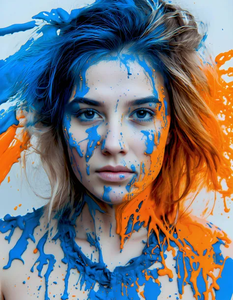 best quality, 4K, 8K, high-resolution, masterpiece, ultra-detailed, photorealistic, an image of a woman's face with blue and orange paint splattered across her face,