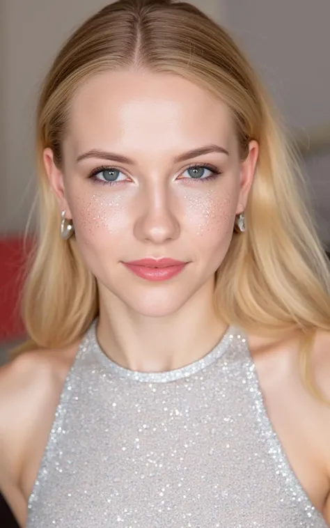 A woman with blonde hair and blue eyes is wearing a silver dress. There are silver glitter on her face and around her eyes. She has large silver earrings hanging from her ears.
