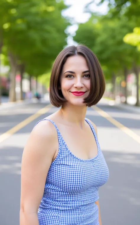 A woman is standing outside on a sunny day. She is wearing a blue and white checkered tank top. The woman has short dark colored hair that falls over her shoulders. She has red lipstick on her lips. The street she is standing on is paved and has white painted markings on it. Tall green trees can be seen in the background of the photo.