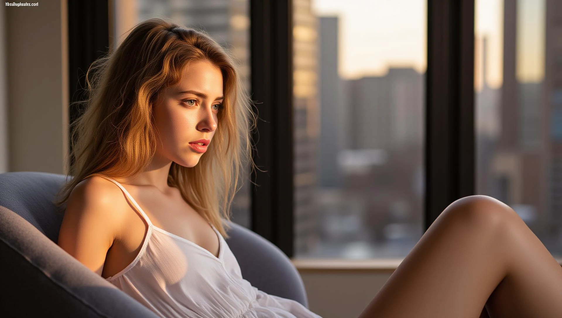 a (full body portrait:1.75) of a tall slender 20 year old girl with long wavy golden blonde hair and rosebud lips, her hair is slightly messy
she has grey eyes and dark lips, her expression is relaxed her face smooth and unlined
she has a gorgeous wide (round:1.5) face with ( brown freckles:1.75) , she's wearing no makeup, she has a (smooth round chin:1.5),
she has long legs medium teardrop breasts and a gorgeous lush figure,
she's in a bedroom with the bed behind her, the sheets on the bed are crumpled, she's lying back in a comfy chair infront of a floor to ceiling window
she' (staring outside:1.7) into the distance,
she's wearing a short white sheer linen shift
the low autumn sun through the window behind her silhouettes her figure through the linen shift
the room is lit by deep golden evening light streaming in through large skylights and floor to ceiling windows, the light enhances the colour of her hair
your view is from the side at a distance (showing her full height:2) from calves up