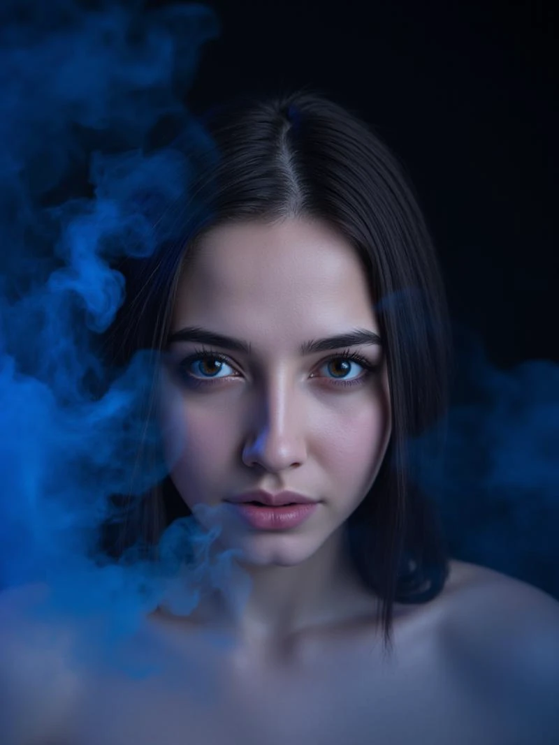 beautiful young woman, close-up portrait, dark hair, intense gaze, blue eyes, surrounded by blue smoke, ethereal atmosphere, mysterious ambiance, dark background, soft lighting, high contrast, cinematic composition, smooth skin, sharp details, elegant and captivating, surreal effect, high resolution, fantasy style, enchanting visuals, dreamlike quality, mesmerizing aesthetics.