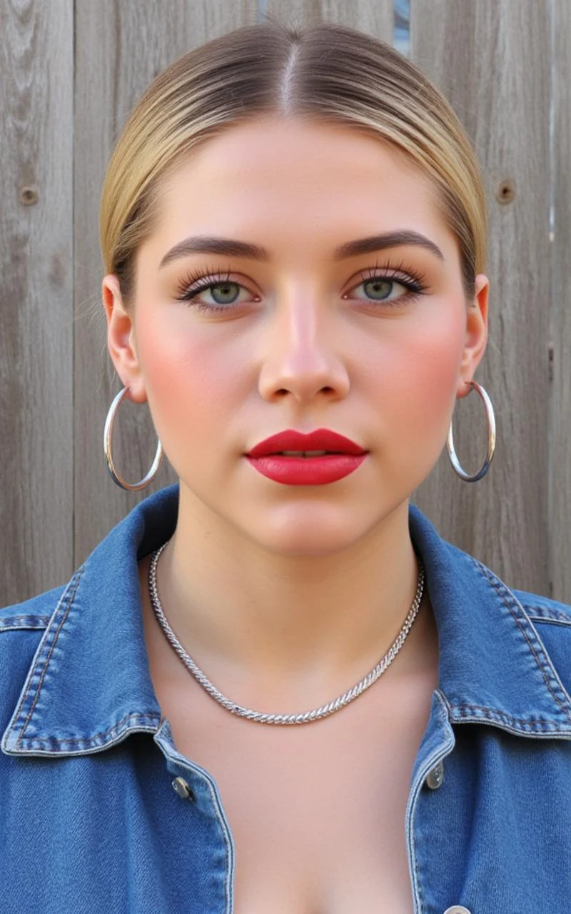 A woman is wearing a blue jean jacket. There is a silver necklace around her neck. There are large silver hoop earrings on her ears. The woman has red lipstick on her lips.