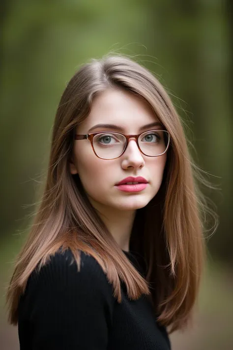 portrait of a beautiful young woman wearing glasses outdoors in the forest, woman, solo, long hair, looking at viewer, blue eyes, brown hair, glasses, blurry, lips, blurry background, portrait, realistic, photorealistic