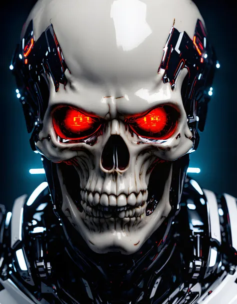 (best quality, 4k, 8k, highres, masterpiece:1.2), ultra-detailed, (realistic, photorealistic, photo-realistic:1.37), solo,looking at viewer,red eyes,upper body,glowing,glowing eyes,science fiction,skull,cyborg,mechanical parts ,