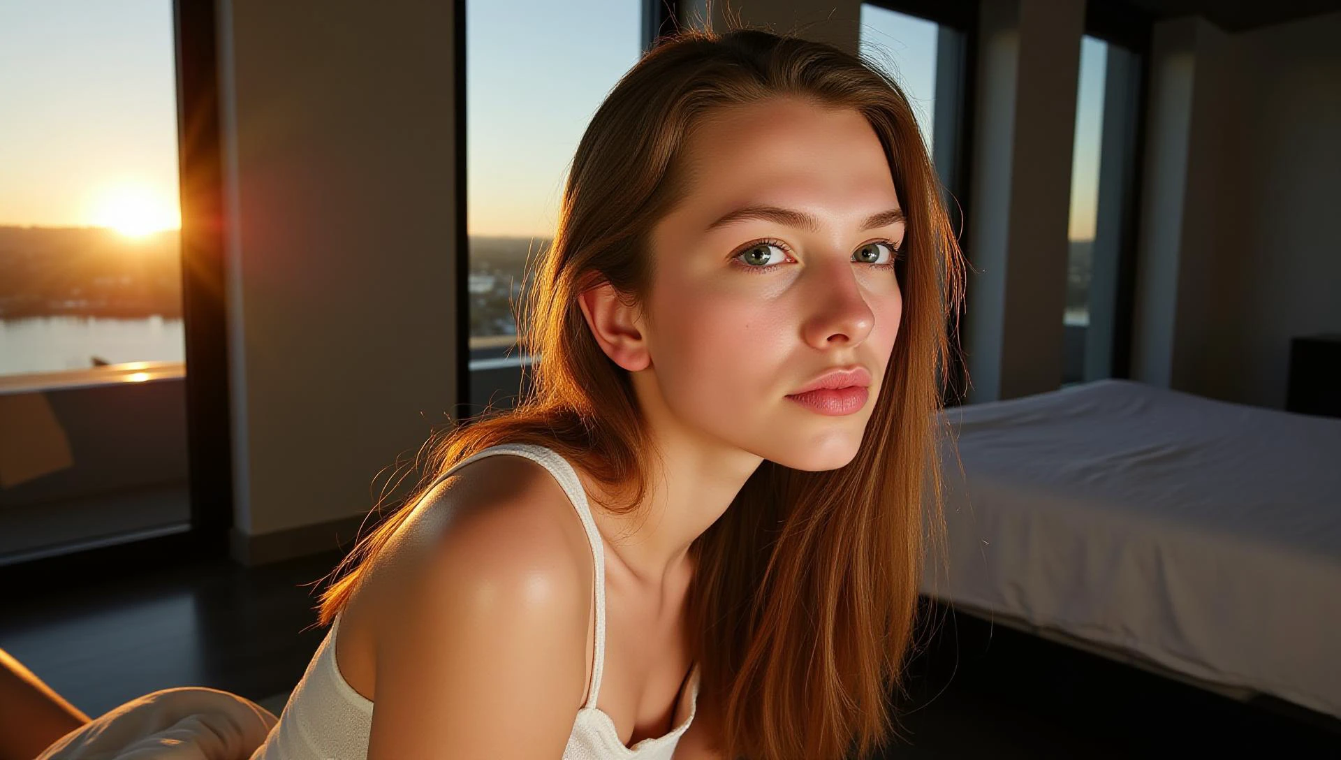 a (full body portrait:1.75) of a tall slender 20 year old girl with long wavy golden blonde hair and rosebud lips, her hair is slightly messy
she has grey eyes and dark lips, her expression is relaxed her face smooth and unlined
she has a gorgeous wide (round:1.5) face with ( brown freckles:1.75) , she's wearing no makeup, she has a (smooth round chin:1.5),
she has long legs medium teardrop breasts and a gorgeous lush figure,
she's in a bedroom with the bed behind her, the sheets on the bed are crumpled, she's lying back in a comfy chair infront of a floor to ceiling window
she' (staring outside:1.7) into the distance,
she's wearing a short white sheer linen shift
the low autumn sun through the window behind her silhouettes her figure through the linen shift
the room is lit by deep golden evening light streaming in through large skylights and floor to ceiling windows, the light enhances the colour of her hair
your view is from the side at a distance (showing her full height:2) from calves up