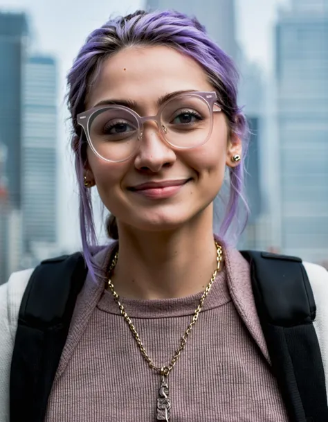 best quality, 4k, 8k, masterpiece, ultra-detailed, photorealistic, woman, looking at viewer, smile, shirt, jewelry, jacket, upper body, multicolored hair, earrings, glasses, necklace, mole, bag, black shirt, lips, backpack, mole under mouth, forehead, round eyewear, realistic, grey-framed eyewear