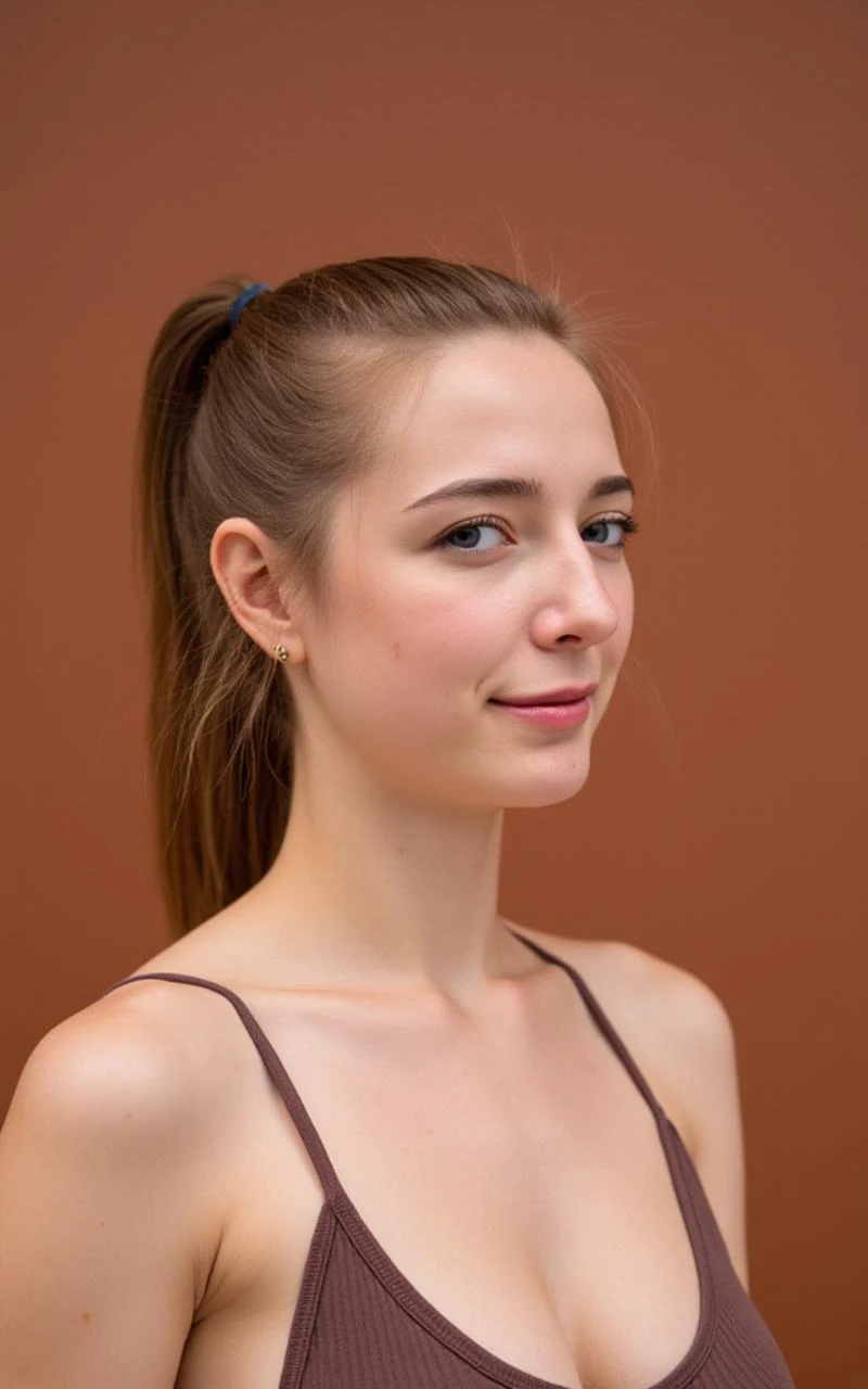 A woman is standing in front of a brown wall. She is wearing a brown tank top. Her hair is pulled back into a ponytail. She has a gold earring in her left ear. Her eyes are open and she is looking directly at the camera. Her lips are slightly parted and she has a slight smile on her face.
