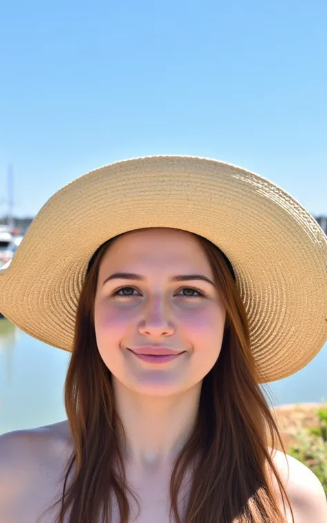 A woman is standing outside on a sunny day. She is wearing a large straw hat on her head. The woman has long brown hair that is hanging over her shoulders. Part of a body of water can be seen behind the woman. The sky above the woman is blue.