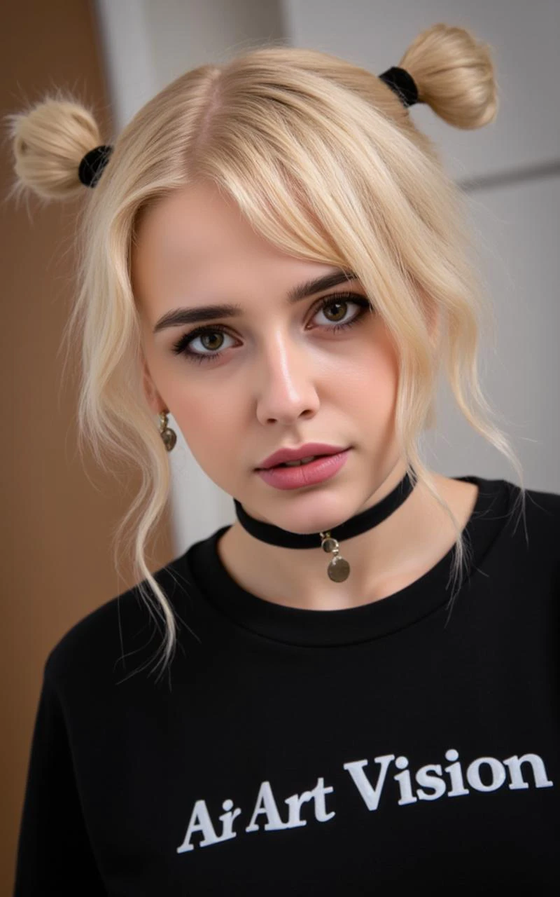 A woman with blonde hair is wearing a black shirt that says, "Ai Art Vision" on the front. She has a black choker around her neck and earrings hanging from her ears. Her hair is styled in two buns that are tied back with black bands. She is wearing dark colored eyes and has a serious look on her face.