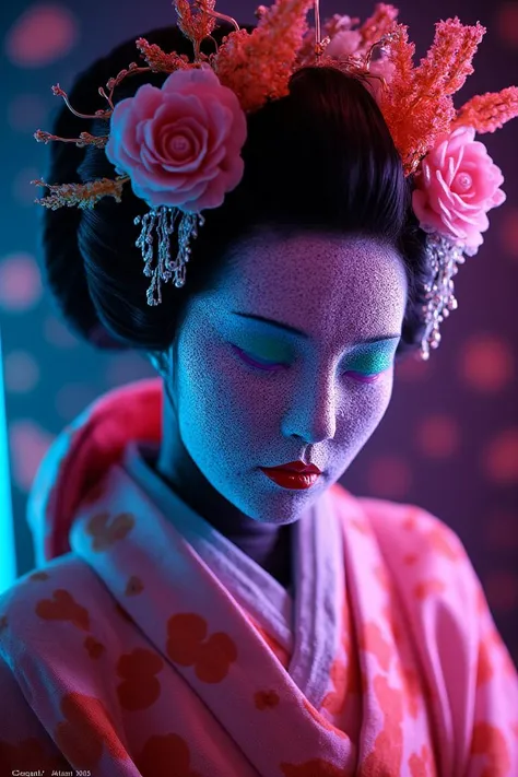 made of, tiny neon glass filaments, Android, geisha, with robotic parts, in flowery kimono, Intricate details, 8k, cinematic subsurface scattering