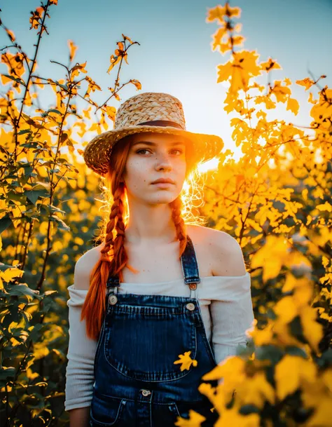 (best quality, 4k, 8k, highres, masterpiece:1.2), ultra-detailed, 1girl, portrait of a beautiful young Celtic farmer, wearing dungarees, off the shoulder, in autumn orchard, autumn, fall, fall leaves, sunset, golden hour, (ginger hair:1.3), (absurdly long hair:1.4), (thick hair:1.2),braids, straw hat, shiny hair, glossy hair, (freckles:1.3), beautiful green-eyes, atmospheric, ultra detailed, hyper realistic, (depth of field:1.3),Bokeh,Chiaroscuro Lighting Style ,