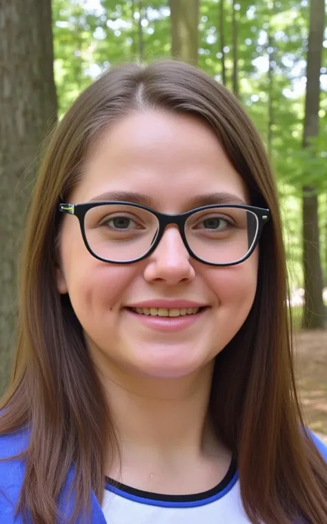 A woman with long brown hair is wearing glasses. She is wearing a blue and white shirt. There are trees behind her.