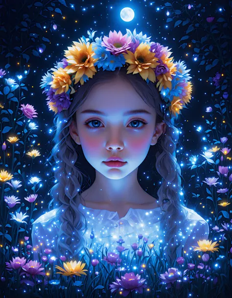 (best quality,8K,highres,masterpiece), ultra-detailed, 1girl with flower crown and icy blue eyes set within a moonlight garden. The scene is characterized by dark shadows and glowing elements, creating a contrast between light and dark. The girl's eyes shimmer with an otherworldly glow, reflecting the moonlight and adding to the ethereal atmosphere of the garden. Bright colors punctuate the scene, drawing attention to the vivid lighting and creating a sense of magic and enchantment. The dark background enhances the contrast, allowing the girl and her surroundings to stand out against the backdrop of the night garden. Feel free to add your own creative touches to further enhance the beauty and mystique of this captivating scene. ,