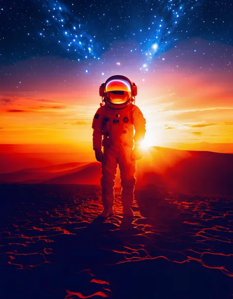 (best quality,4k,highres,masterpiece:1.2),ultra-detailed,realistic,photorealistic:1.37,astronaut,orange astronaut outfit,standing against a sunset background,surreal atmosphere,cosmic colors,vibrant orange tones,striking silhouette,star-filled sky,awe-inspiring view,glowing helmet reflection,flawless spacesuit,ornate details,meticulously crafted visor,elegant posing,captivating celestial scenery,serene and dreamlike setting,extravagant cosmic perspective,ray of sunlight illuminating the astronaut,sublime space exploration,otherworldly experience ,