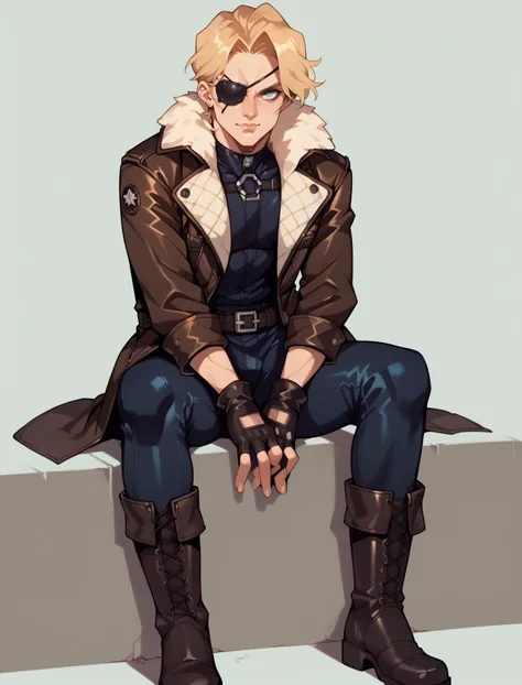 (score_9_up, score_8_up), score_7_up, 1boy, male focus,mature, blonde hair, short low ponytail,eyepatch, wearing a brown leather coat, fur, belt, fingerless gloves, boscoat,black tight jumpsuit, fur collar, long coat, long combat boots,  half body, Sitting with legs tucked under hands on the lap, Astral Wanderer - Sleek and silver resembling a shooting star this spaceship has a sense of adventure and exploration. It leaves a trail of stardust as it travels. ,<lora:BOSBattlecoat:0.9>,   <lora:[GP] Optionaltypo style [Pony XL]:0.7>