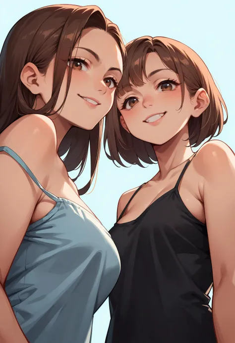 2 heads, a short skinny woman with 2 heads. Outside in a park. Big breasts. Thin gorgeous face. Wearing small tank top and jeans. Young. Happy. Flirty. Seductive. Short. Wild messy maroon hair. Cute. Girlfriend. Short, small and cute. Close up. Blushing. In love. Kiss, kissing, kissing each other. Selfie, POV selfie, taking a selfie.