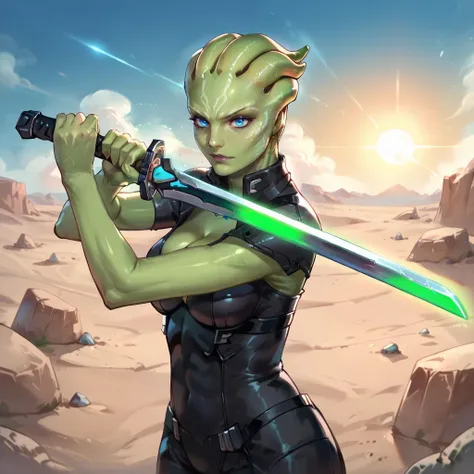 score_9, score_8_up, score_7_up,  alien woman holding glowing lazer sword, low guard sword parry stance, holding sword, solo, colored skin, green skin, black futuristic bodysuit, cleavage, blue eyes, desert planet, rocky plain, planet in the background, 5fingers  <lora:AsariMEStyle:0.8>   <lora:low_guard_parry_stance:0.8>