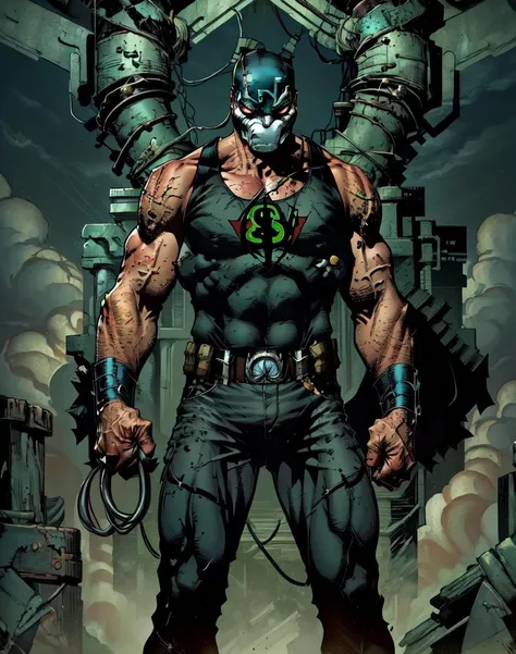 finch, Bane, solo, 1boy, male focus, belt, mask, muscular, black tank top, black pants, fog, green fog, muscular male, veins, superhero, <lora:David_Finch_Artstyle-12:.8>