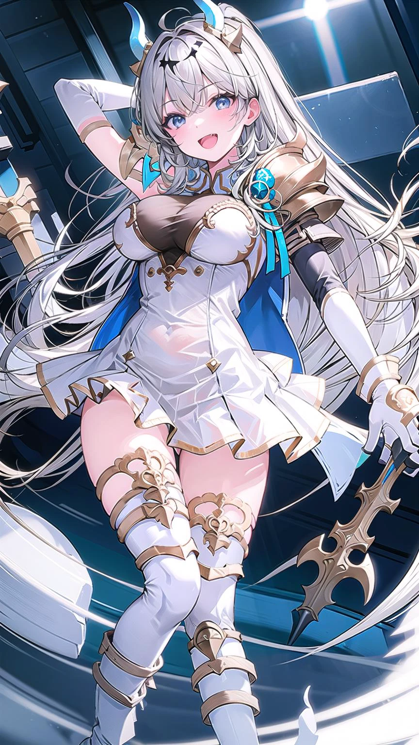 1girl, solo, long hair, breasts, horns, thighhighs, open mouth, smile, high heels, blue eyes, white hair, white footwear, dress, armor, white thighhighs, gloves, large breasts, (upper body), boots, white dress, thighs, white gloves, bangs, <lora:SuffrenV1.0:0.8>, suffrenlibre, close up,