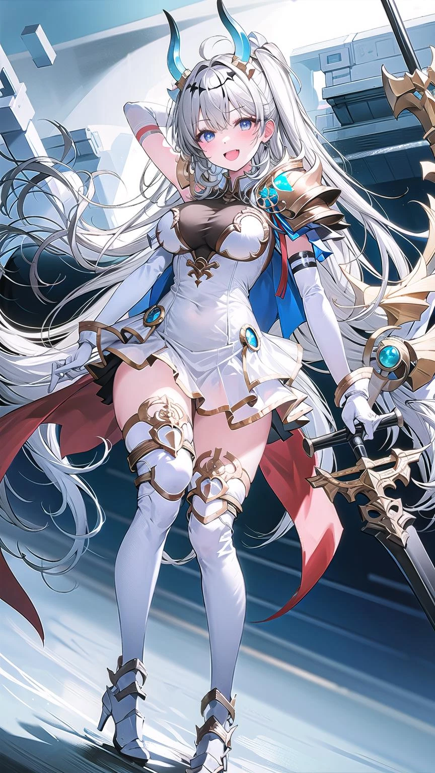 1girl, solo, long hair, breasts, horns, thighhighs, open mouth, tail, weapon, smile, high heels, blue eyes, white hair, white footwear, dress, armor, white thighhighs, gloves, large breasts, full body, boots, white dress, holding weapon, very long hair, thighs, white gloves, bangs, <lora:SuffrenV1.0:0.8>, suffrenlibre, standing,