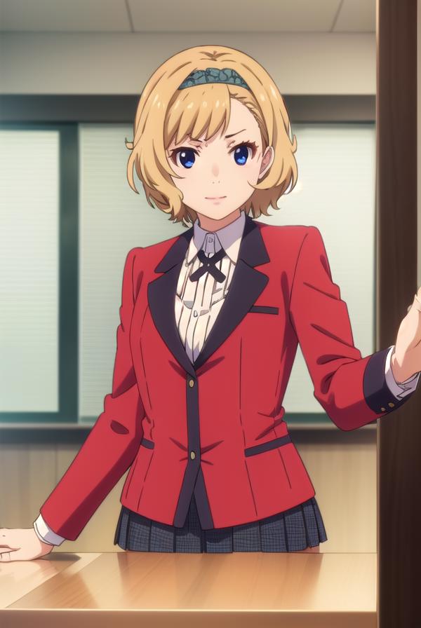 A woman in a red jacket and black tie standing in front of a desk ...