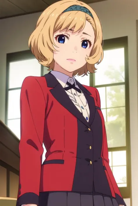 itsukisumeragi, <lora:itsuki sumeragi s2-lora-nochekaiser:1>,
itsuki sumeragi, short hair, blue eyes, blonde hair, braid, hairband, smile,
BREAK skirt, shirt, school uniform, jacket, white shirt, pleated skirt, collared shirt, black skirt, blazer, (red jacket:1.5),
BREAK indoors, classroom,
BREAK looking at viewer, (cowboy shot:1.5),
BREAK <lyco:GoodHands-beta2:1>, (masterpiece:1.2), best quality, high resolution, unity 8k wallpaper, (illustration:0.8), (beautiful detailed eyes:1.6), extremely detailed face, perfect lighting, extremely detailed CG, (perfect hands, perfect anatomy),