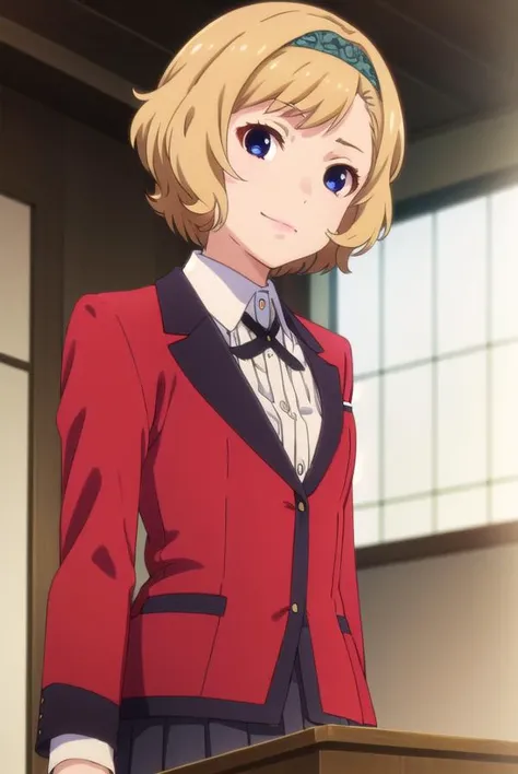 itsukisumeragi, <lora:itsuki sumeragi s2-lora-nochekaiser:1>,
itsuki sumeragi, short hair, blue eyes, blonde hair, braid, hairband, smile,
BREAK skirt, shirt, school uniform, jacket, white shirt, pleated skirt, collared shirt, black skirt, blazer, (red jacket:1.5),
BREAK indoors, classroom,
BREAK looking at viewer, (cowboy shot:1.5),
BREAK <lyco:GoodHands-beta2:1>, (masterpiece:1.2), best quality, high resolution, unity 8k wallpaper, (illustration:0.8), (beautiful detailed eyes:1.6), extremely detailed face, perfect lighting, extremely detailed CG, (perfect hands, perfect anatomy),
