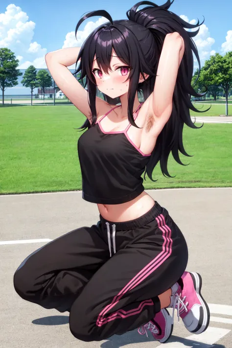 best quality, masterpiece, 1girl, long hair, black hair, (messy hair), ahoge, pink eyes, arms up, camisole, medium breasts, (black sweatpants:1.2), full body, (armpit hair:1.3), sweat, outdoors, park, sneakers,