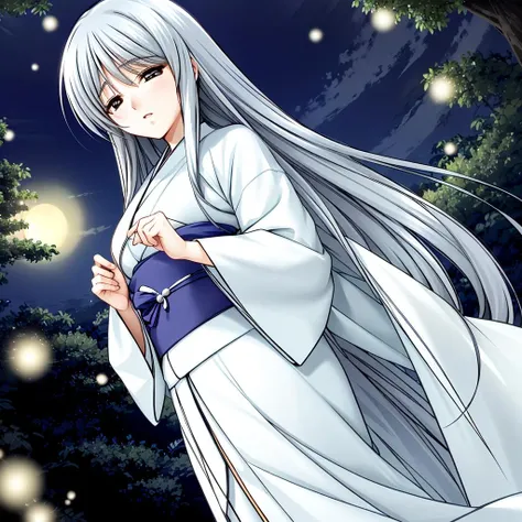 mature woman,<lora:NISARI:0.7>,white kimono,standing by tree, night,