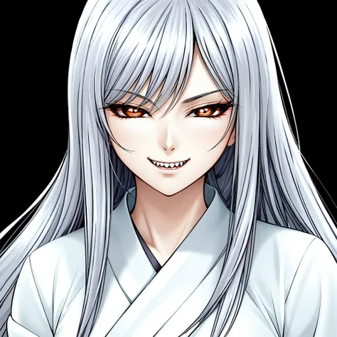 masterpiece,best quality,ultra high res,realistic,woman,medium shot,((plain white background)),white kimono,<lora:NISARI:0.7>,demonic eyes,smirking, fangs, open mouth,