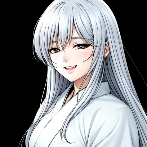 masterpiece,best quality,ultra high res,realistic,woman,medium shot,((plain white background)),white kimono,<lora:NISARI:0.7>,(full head in frame:1.2),black iris, laughing, happy, smiling,