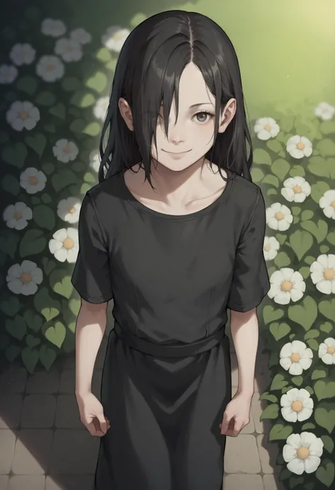 score_9, score_8_up, score_8, source_anime, 1girl, <lora:Eveline:0.7> solo, flat chest, white skin, pale skin, long hair, black hair, hair over one eye, black dress, standing, view from above, smile, looking at viewer
garden background, flowers, blurry background,