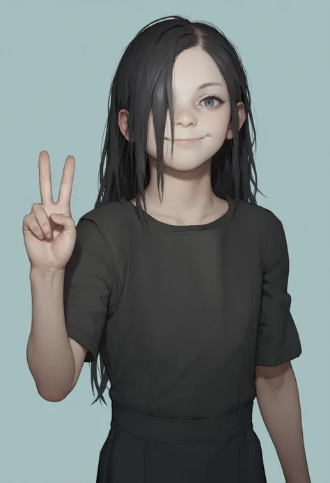 score_9, score_8_up, score_8, source_anime, 1girl, <lora:Eveline:0.75> solo, flat chest, skinny, white skin, pale skin, long hair, black hair, black dress, short sleeves, hair over one eye, v sign, smile,
simple background, light blue background,