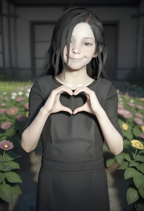 score_9, score_8_up, score_8, source_anime, 1girl, <lora:Eveline:0.9> solo, flat chest, white skin, pale skin, long hair, black hair, hair over one eye, black dress, smile, blush, heart hands,
garden background, flowers, blurry background, 3d, render,