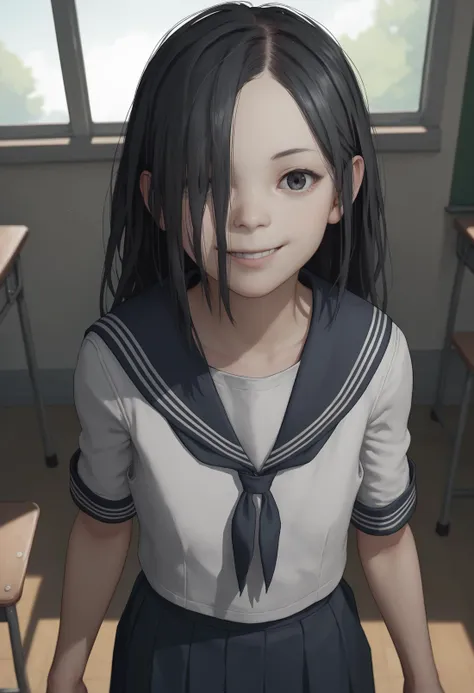 score_9, score_8_up, score_8, source_anime, 1girl, <lora:Eveline:0.75> solo, flat chest, white skin, pale skin, long hair, black hair, hair over one eye, seifuku, sailor outfit, looking at viewer, view from above, happy, 
classroom, indoors background, window,