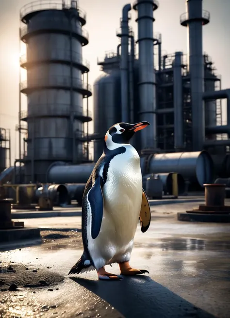 a (penguin:1.3) visiting Port Harcourt oil refinery, subsurface scattering, Photorealistic, Hyperrealistic, analog style, realistic, film photography, soft lighting, heavy shadow