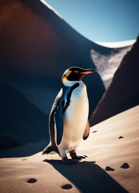 a (penguin:1.3) visiting Nabiyotum Crater, subsurface scattering, Photorealistic, Hyperrealistic, analog style, realistic, film photography, soft lighting, heavy shadow