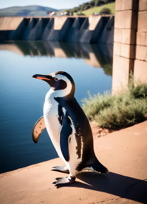 a (penguin:1.3) visiting Hartbeespoort Dam, subsurface scattering, Photorealistic, Hyperrealistic, analog style, realistic, film photography, soft lighting, heavy shadow