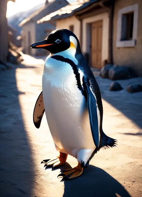 a (penguin:1.3) visiting Tiébélé village, subsurface scattering, Photorealistic, Hyperrealistic, analog style, realistic, film photography, soft lighting, heavy shadow